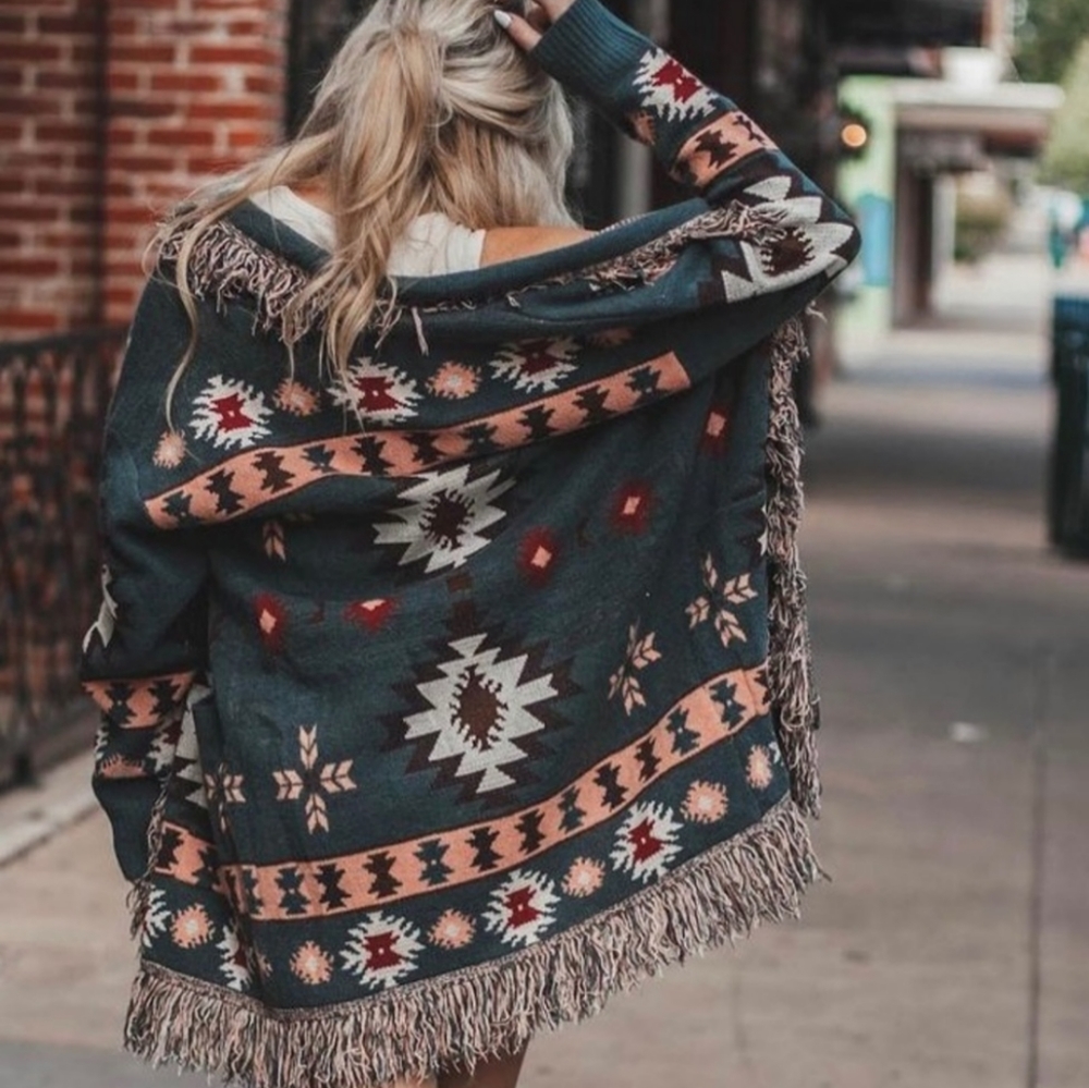 New Yellowstone Print Blanket Western Fringe Cardigan Sweater Coat